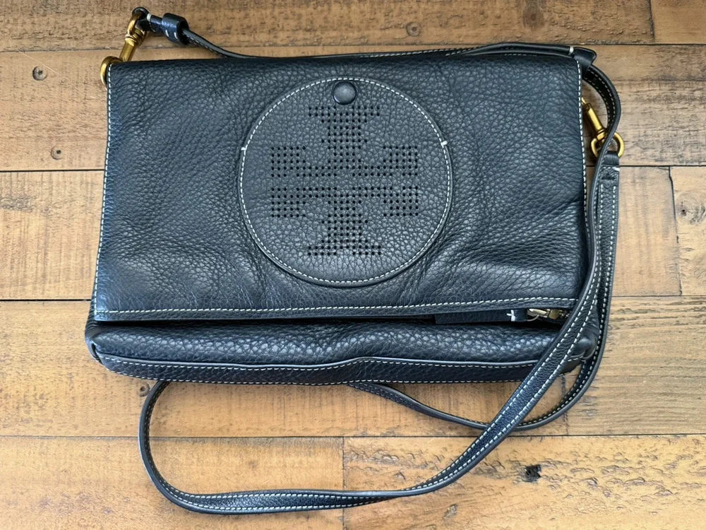 Tory Burch Leather Crossbody Bag Medium Black Pebbled Perforated Circle Logo